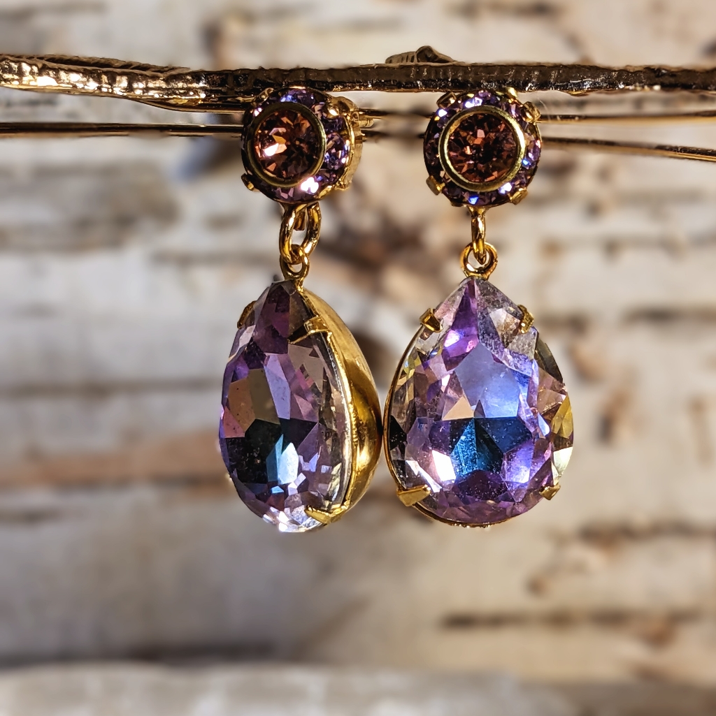 Tanzanite Sparkles Ab And Purple Flower Swarovski Crystals In Drop Earrings